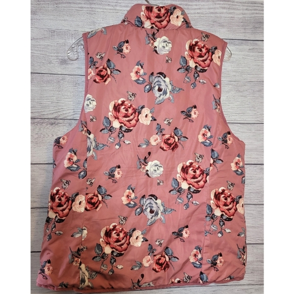 Kensie Jeans Women’s Down Quilted Puffer Vest Size L Pink Floral Reversible Zip - Picture 2 of 7